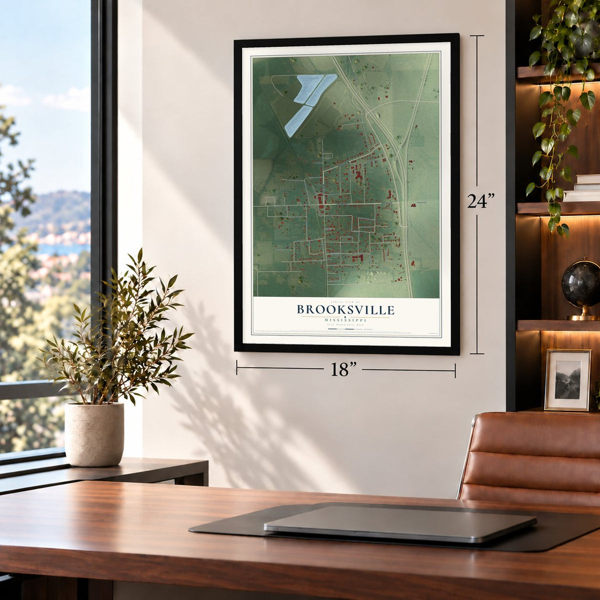 Brooksville, Mississippi map, 18 x 24 inch print in a black frame in a home office