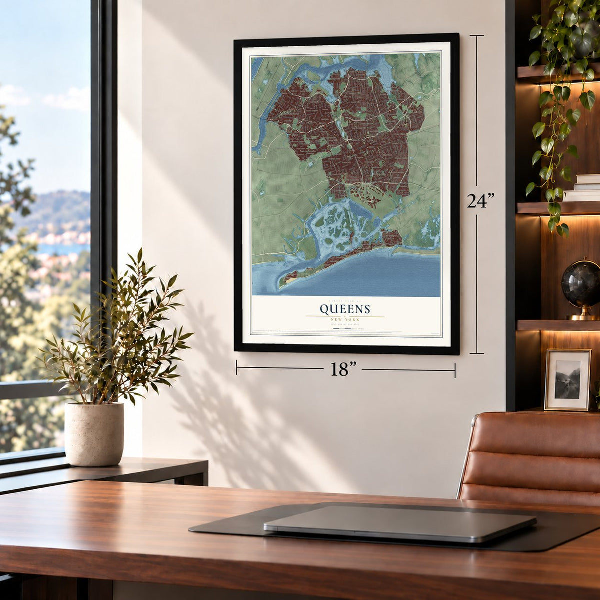 Queens, New York map, 18 x 24 inch print in a black frame in a home office