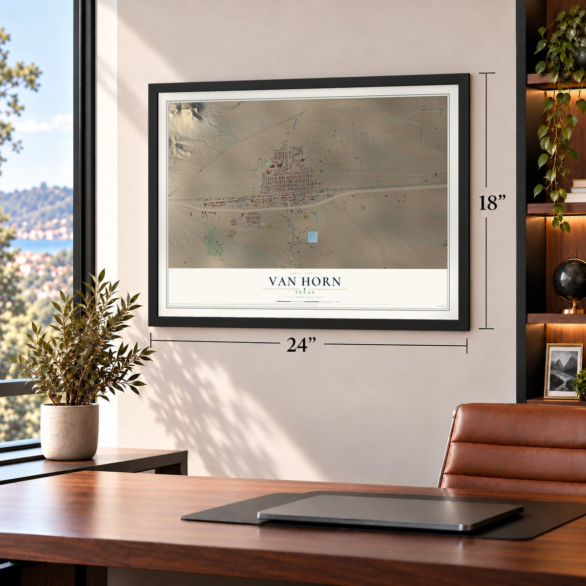 Van Horn, Texas map, 18 x 24 inch print in a black frame in a home office