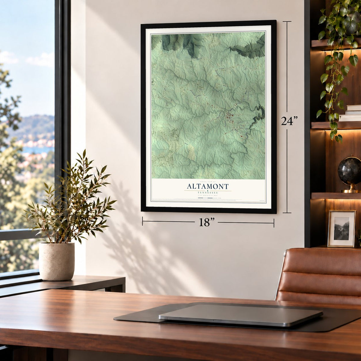 Altamont, Tennessee map, 18 x 24 inch print in a black frame in a home office