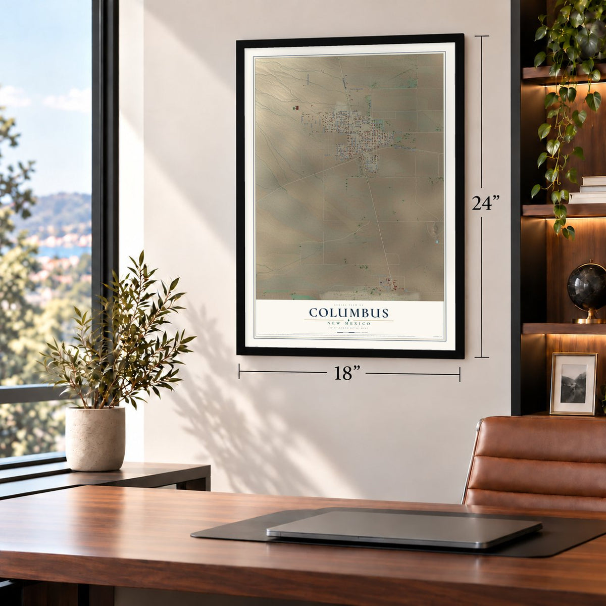 Columbus, New Mexico map, 18 x 24 inch print in a black frame in a home office