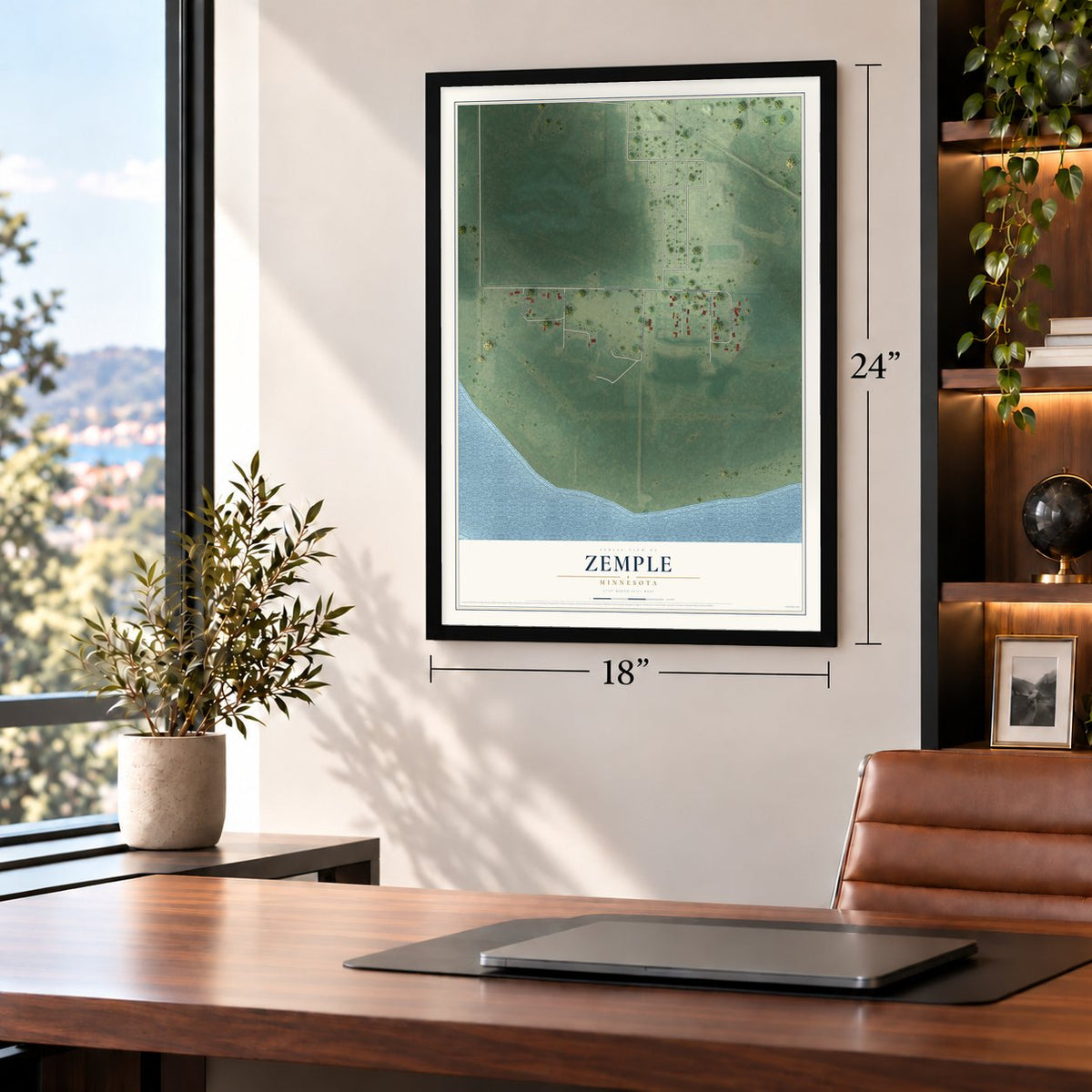 Zemple, Minnesota map, 18 x 24 inch print in a black frame in a home office