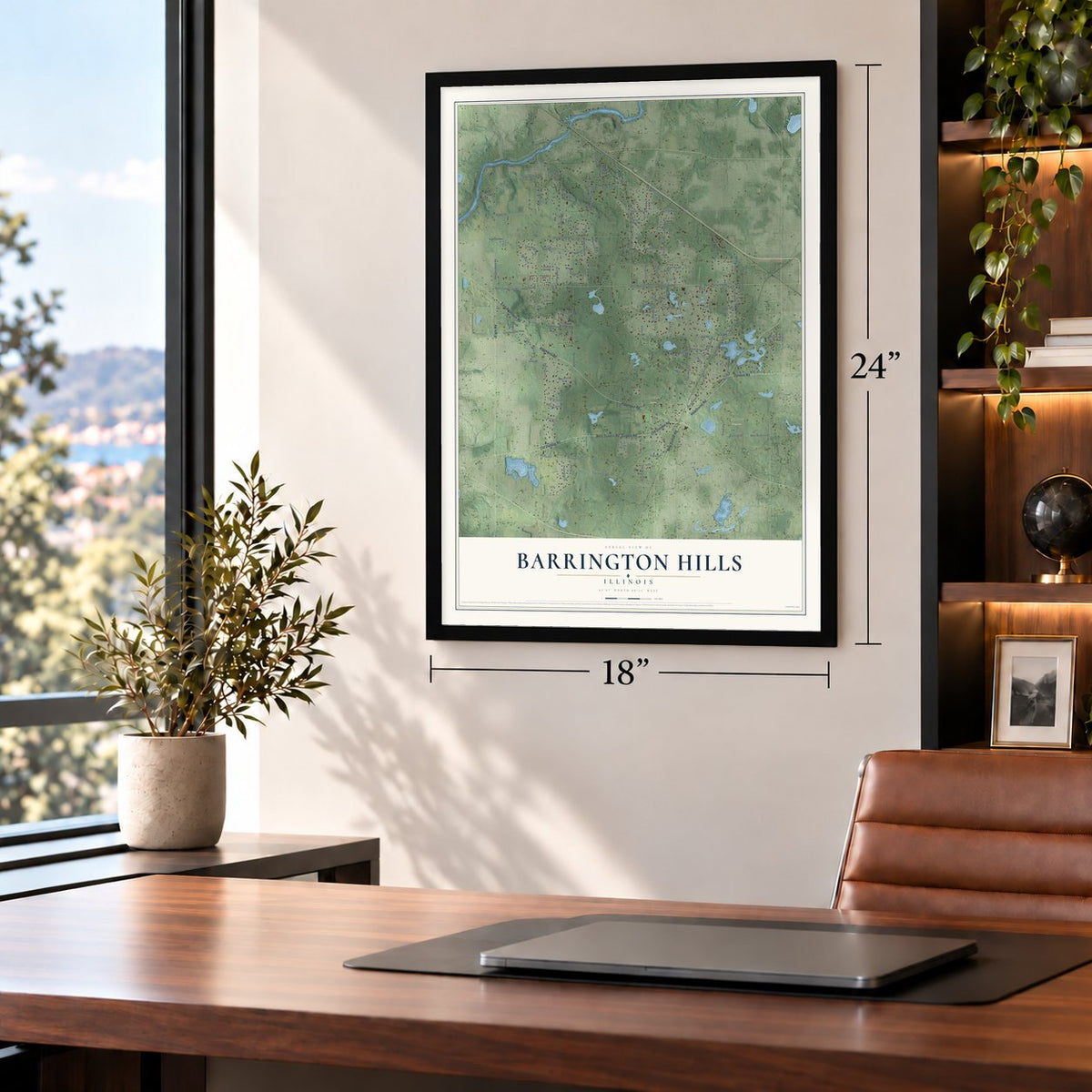 Barrington Hills, Illinois map, 18 x 24 inch print in a black frame in a home office