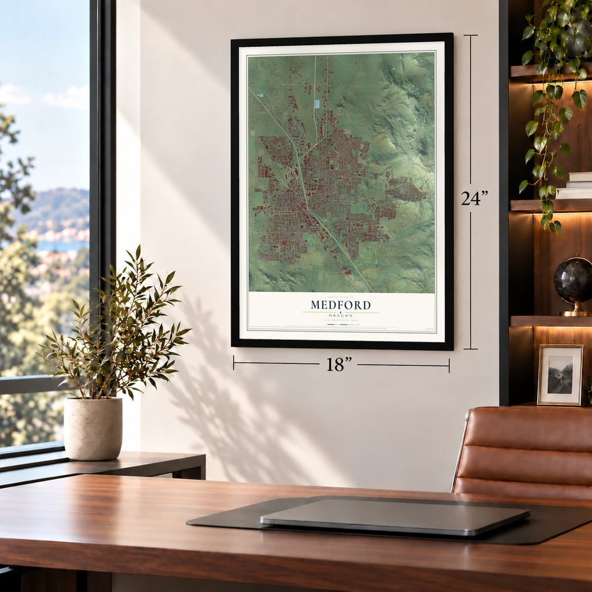 Medford, Oregon map, 18 x 24 inch print in a black frame in a home office