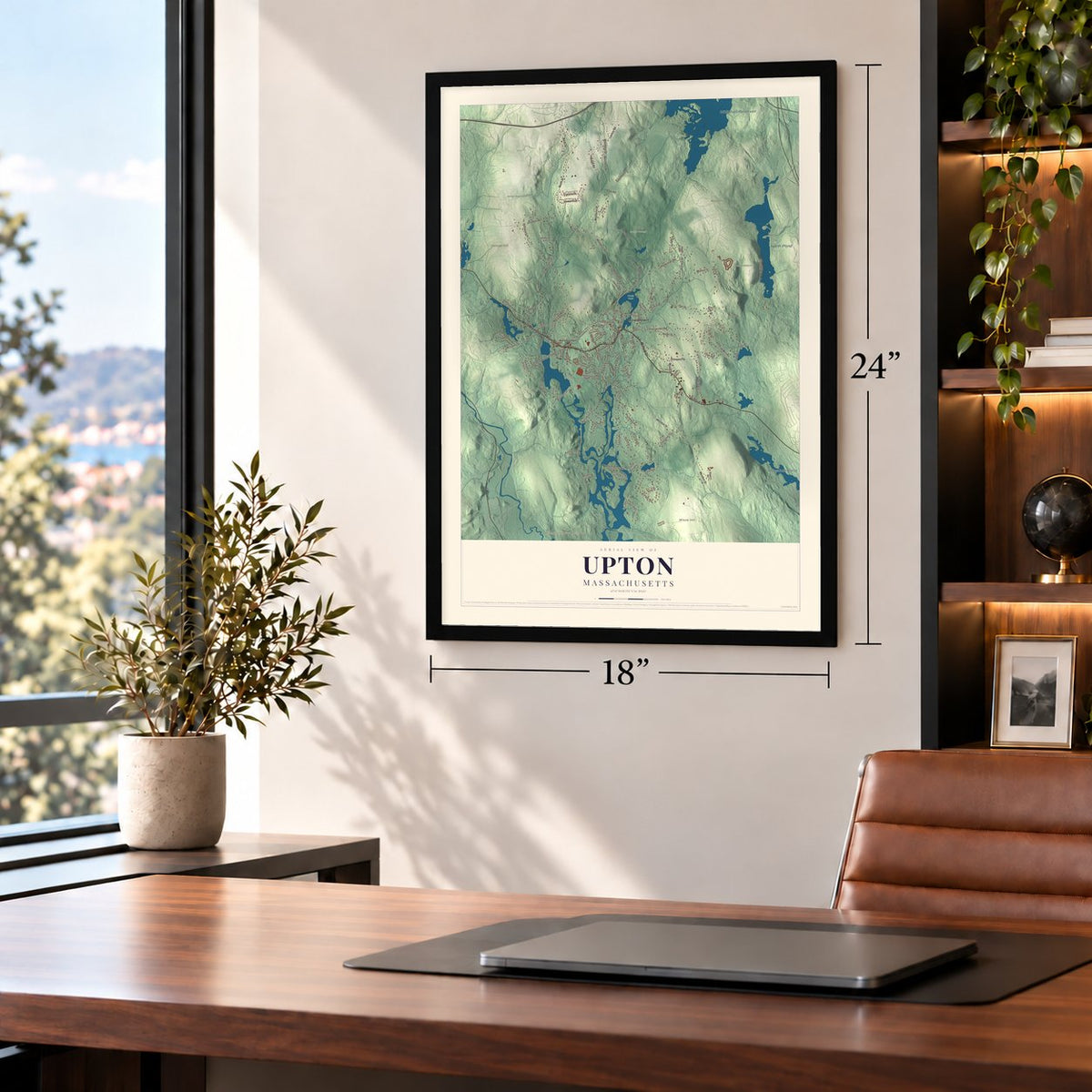 Upton, Massachusetts map, 18 x 24 inch print in a black frame in a home office