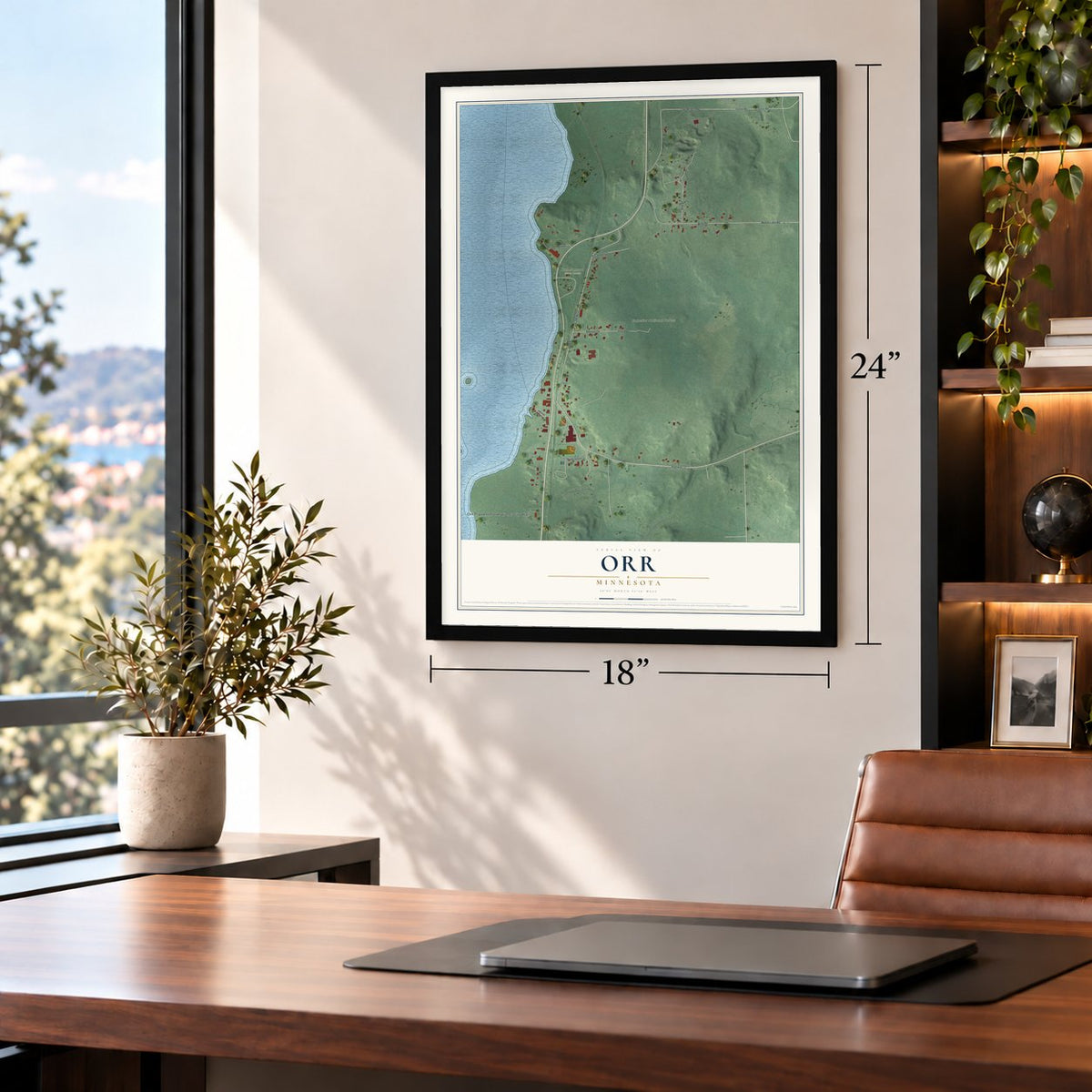Orr, Minnesota map, 18 x 24 inch print in a black frame in a home office