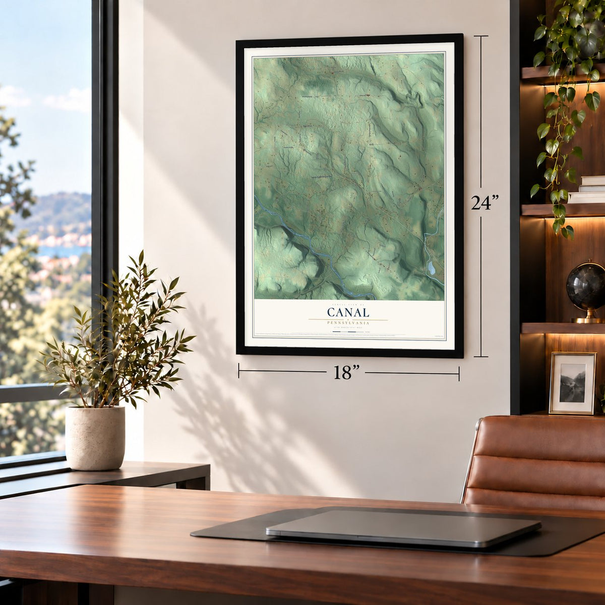 Canal, Pennsylvania map, 18 x 24 inch print in a black frame in a home office