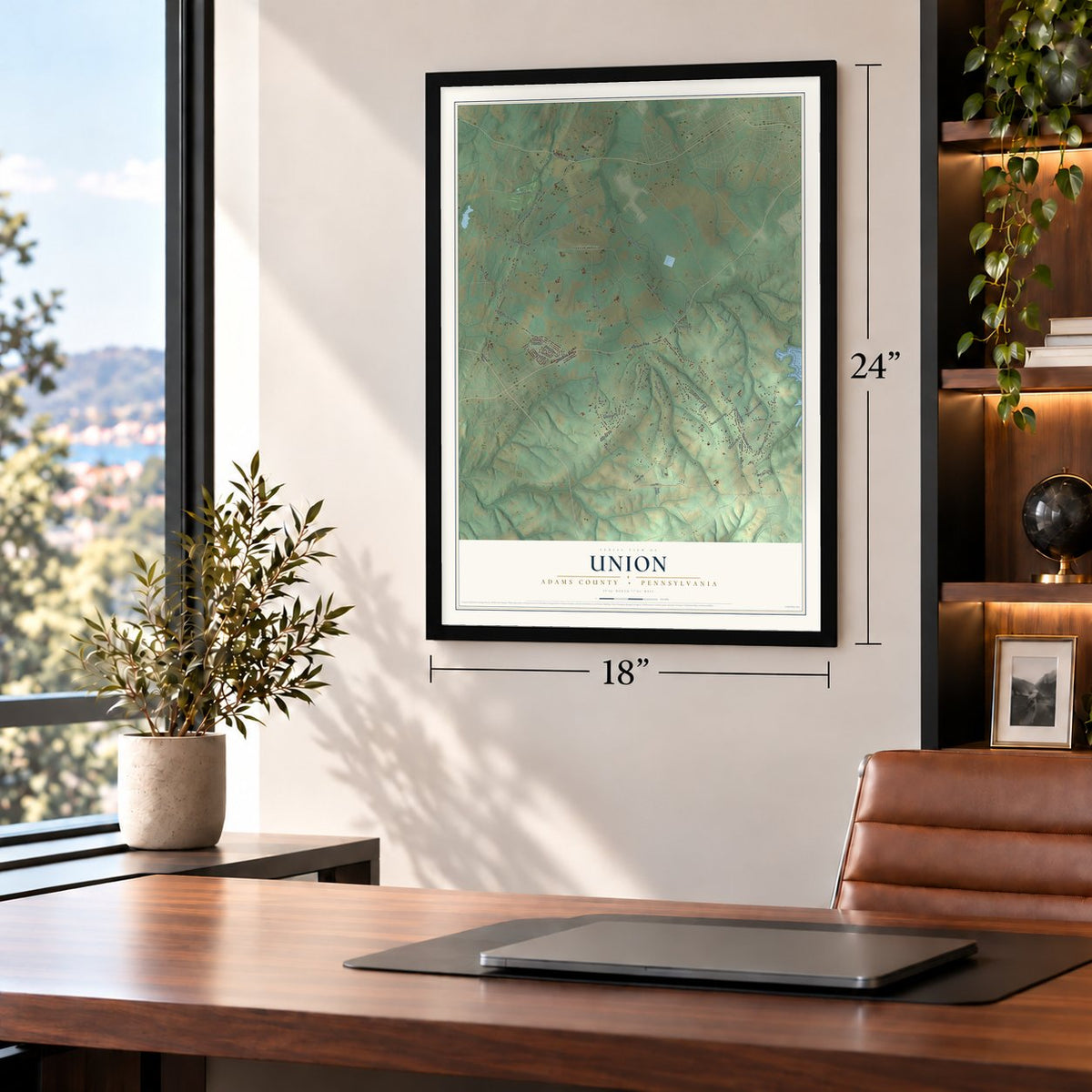 Union, Adams County, Pennsylvania map, 18 x 24 inch print in a black frame in a home office