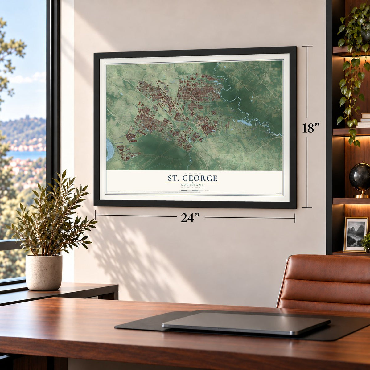 St. George, Louisiana map, 18 x 24 inch print in a black frame in a home office