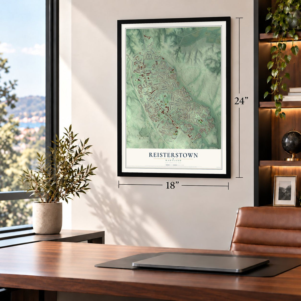 Reisterstown, Maryland map, 18 x 24 inch print in a black frame in a home office