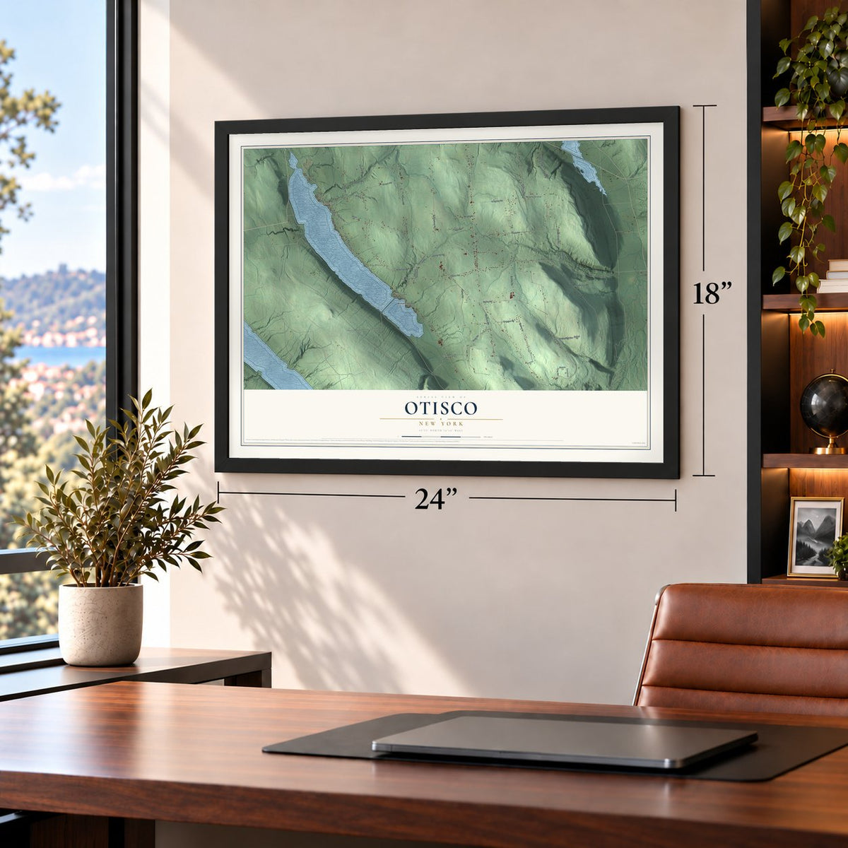 Otisco, New York map, 18 x 24 inch print in a black frame in a home office