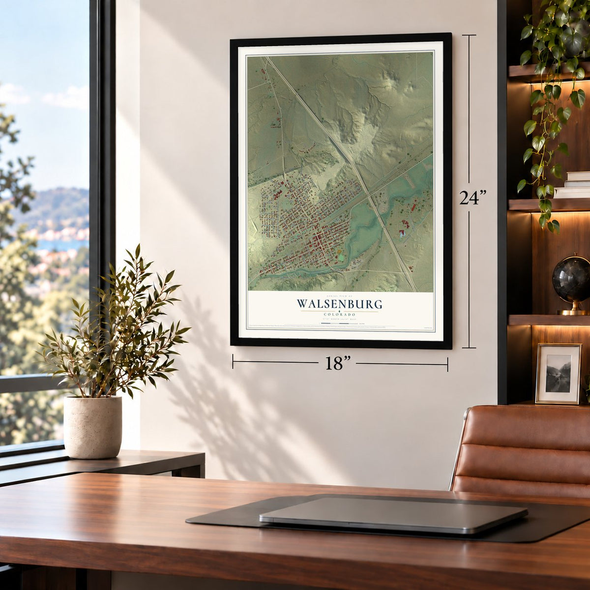 Walsenburg, Colorado map, 18 x 24 inch print in a black frame in a home office