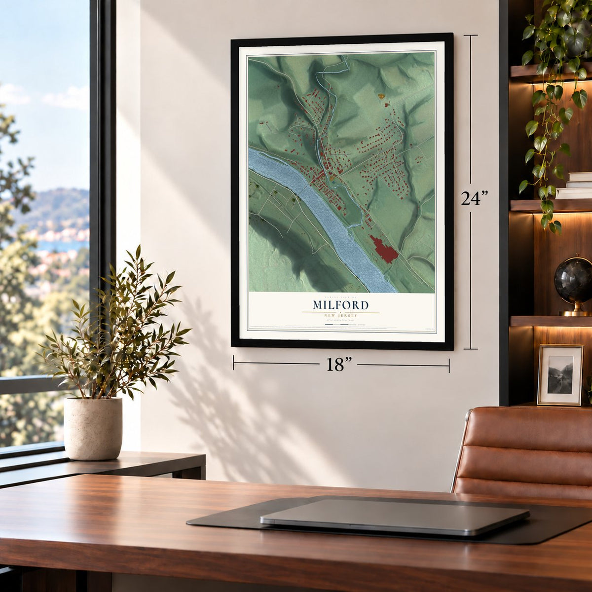 Milford, New Jersey map, 18 x 24 inch print in a black frame in a home office