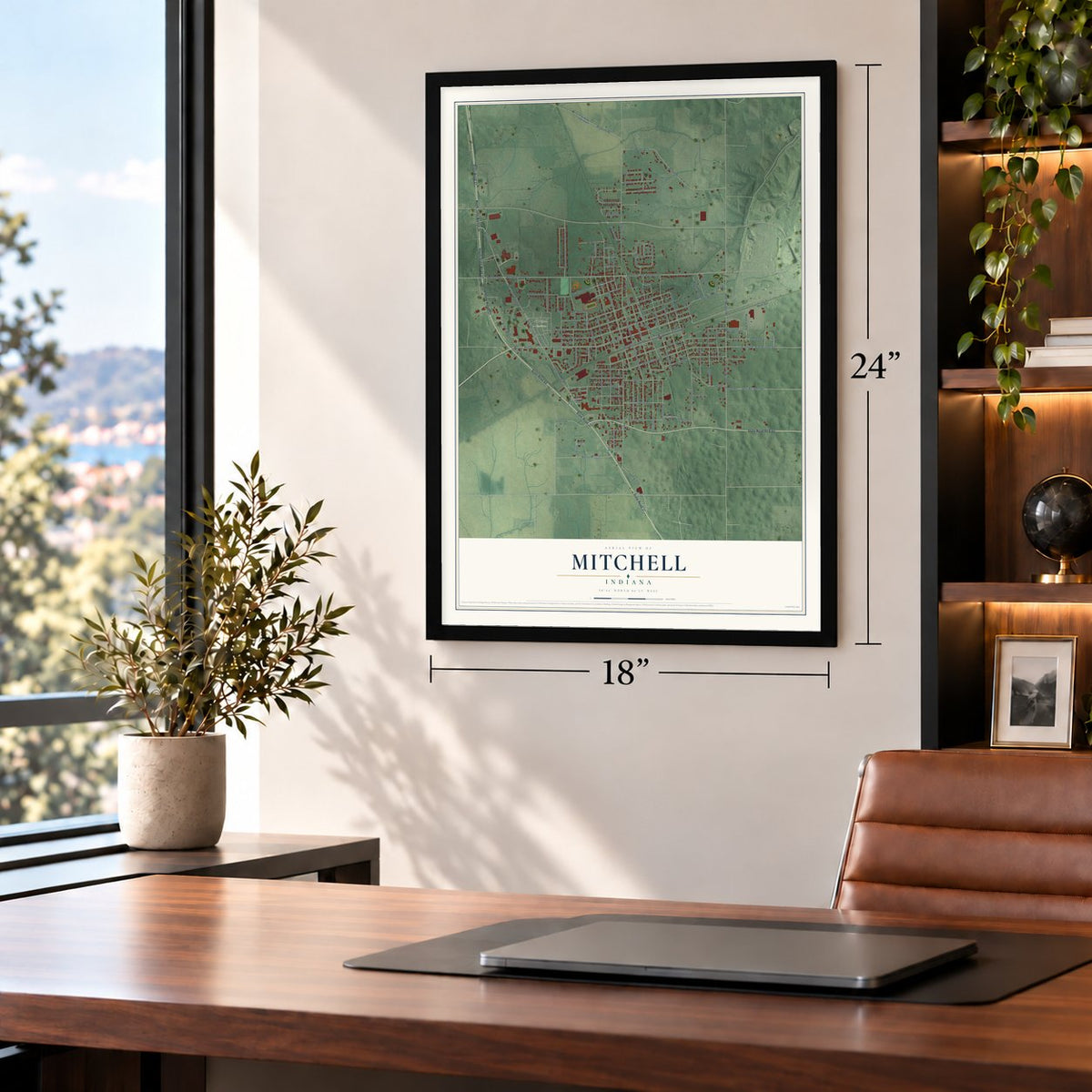 Mitchell, Indiana map, 18 x 24 inch print in a black frame in a home office
