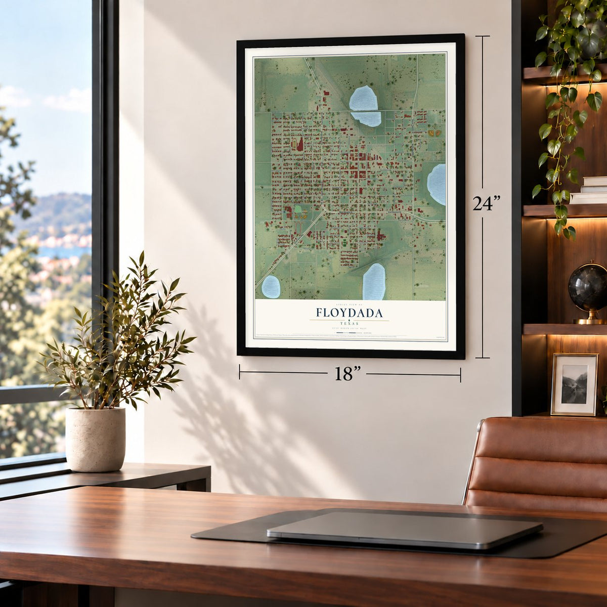 Floydada, Texas map, 18 x 24 inch print in a black frame in a home office