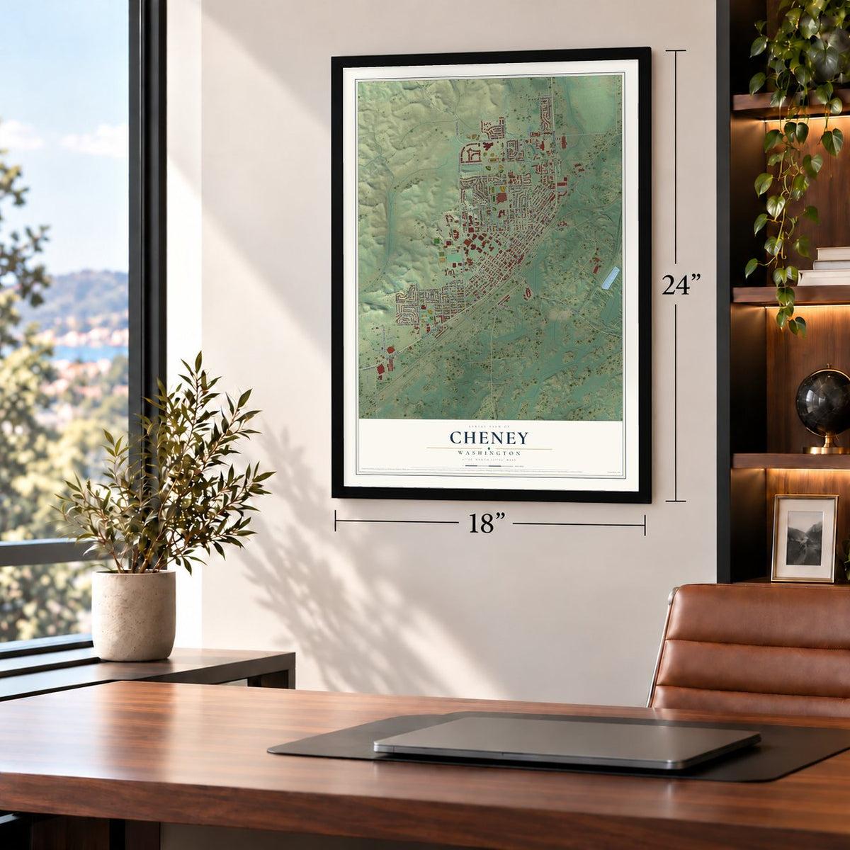 Cheney, Washington map, 18 x 24 inch print in a black frame in a home office
