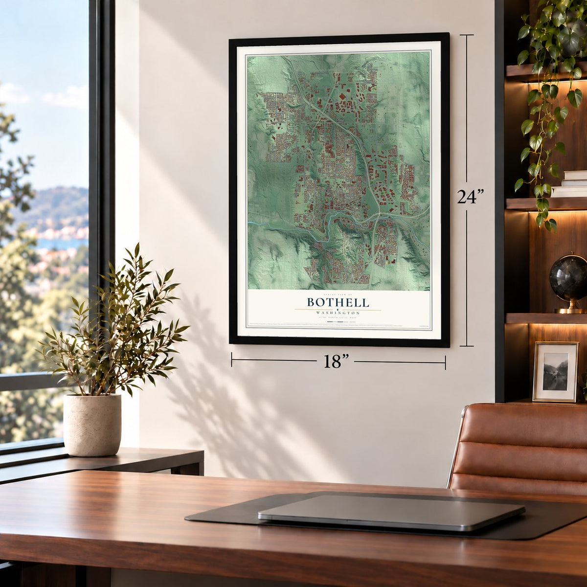 Bothell, Washington map, 18 x 24 inch print in a black frame in a home office