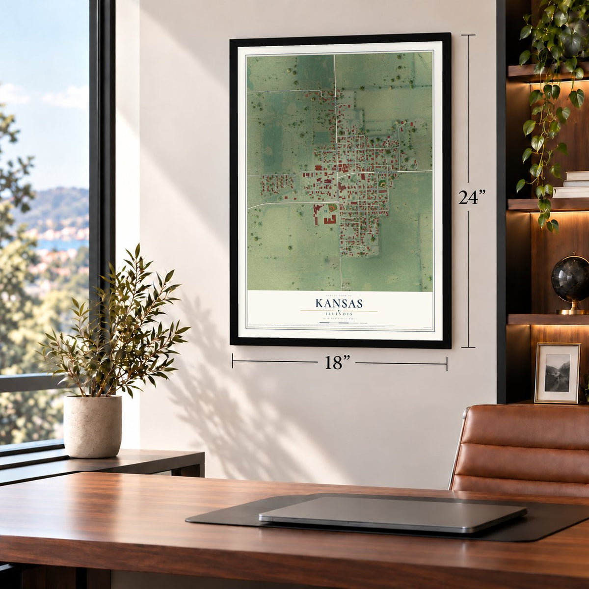 Kansas, Illinois map, 18 x 24 inch print in a black frame in a home office