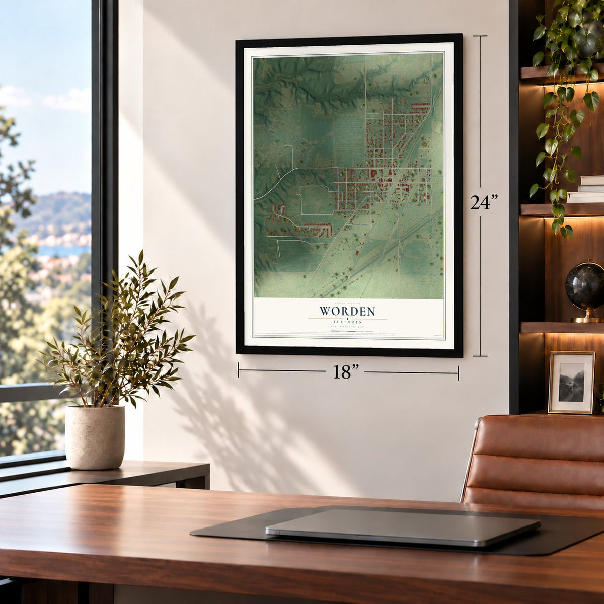Worden, Illinois map, 18 x 24 inch print in a black frame in a home office