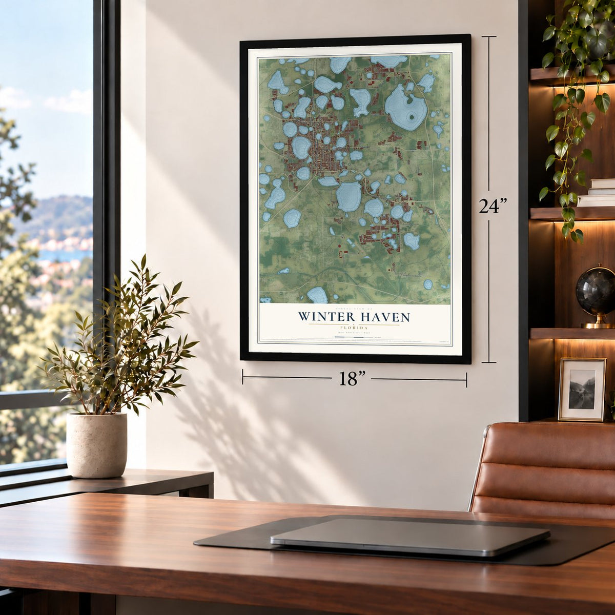 Winter Haven, Florida map, 18 x 24 inch print in a black frame in a home office