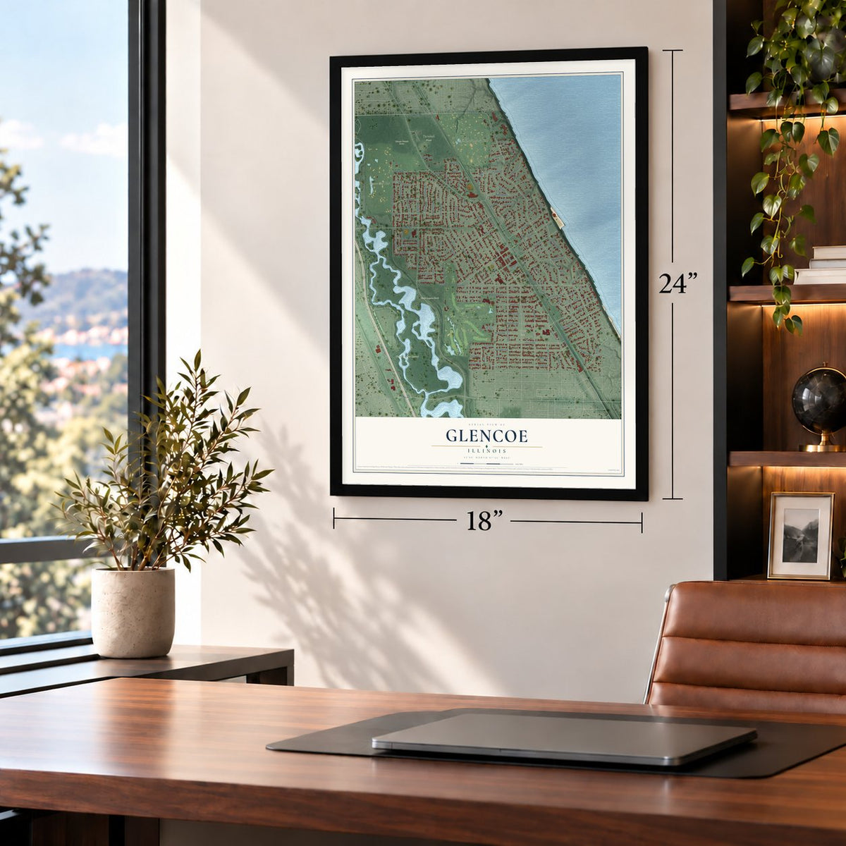 Glencoe, Illinois map, 18 x 24 inch print in a black frame in a home office