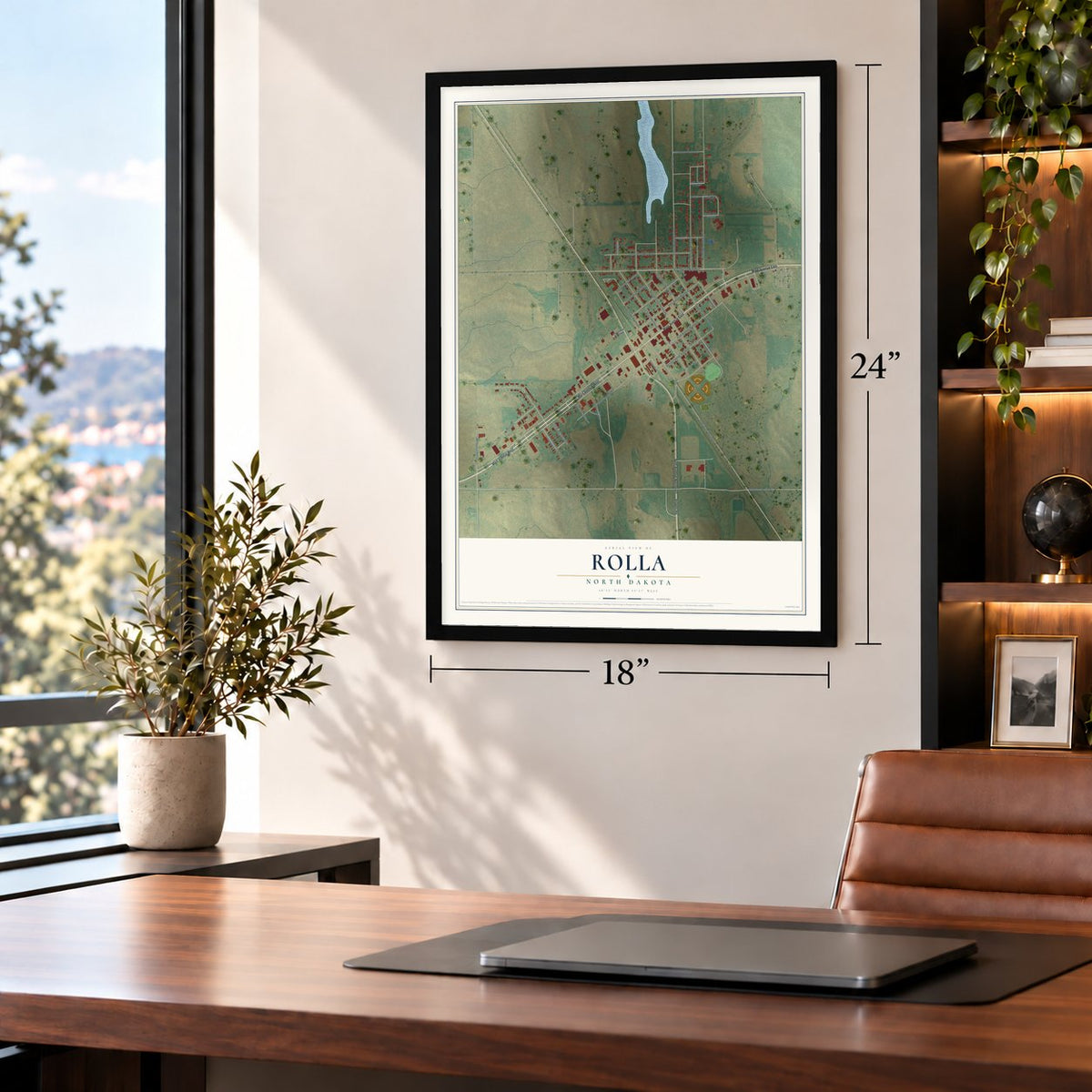 Rolla, North Dakota map, 18 x 24 inch print in a black frame in a home office