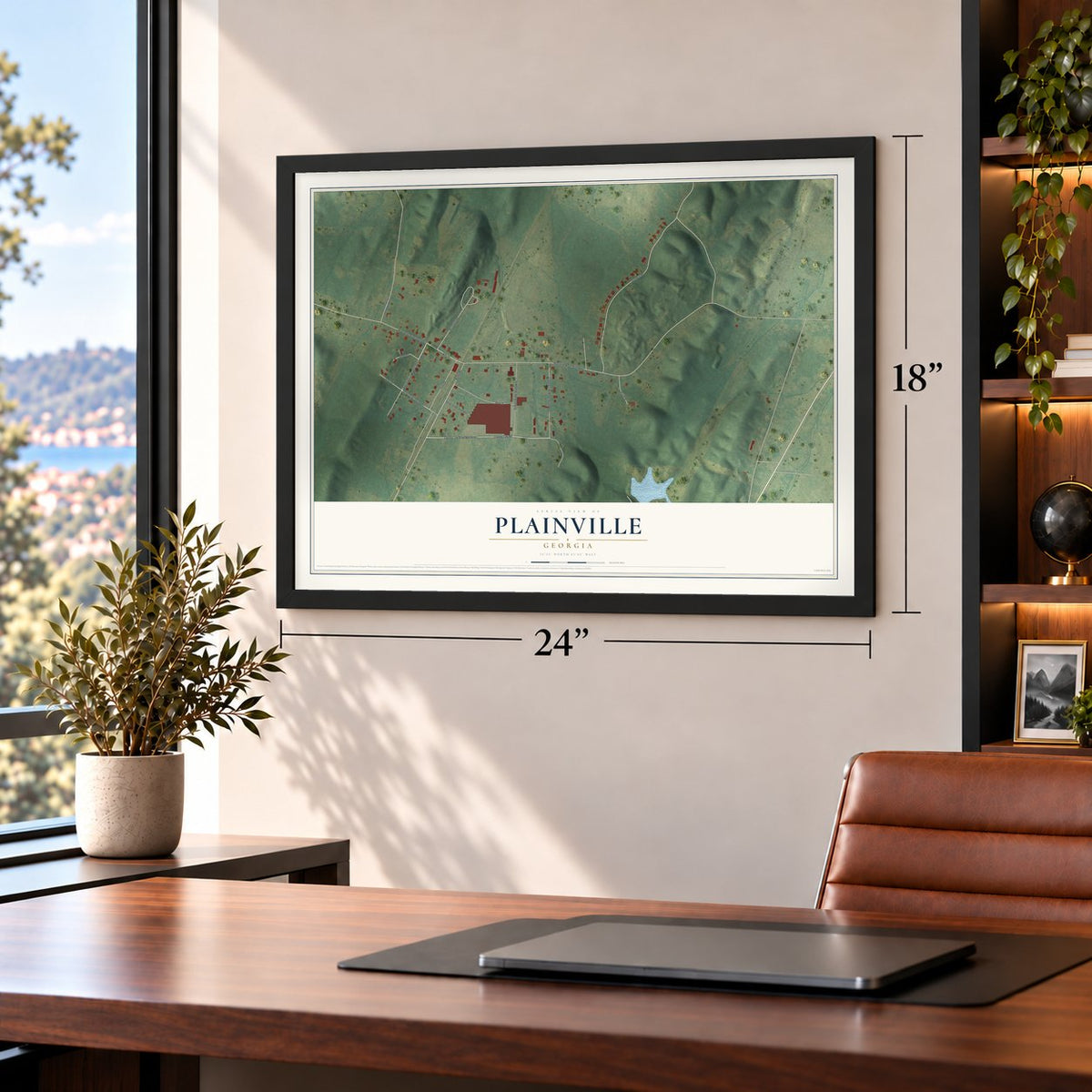 Plainville, Georgia map, 18 x 24 inch print in a black frame in a home office