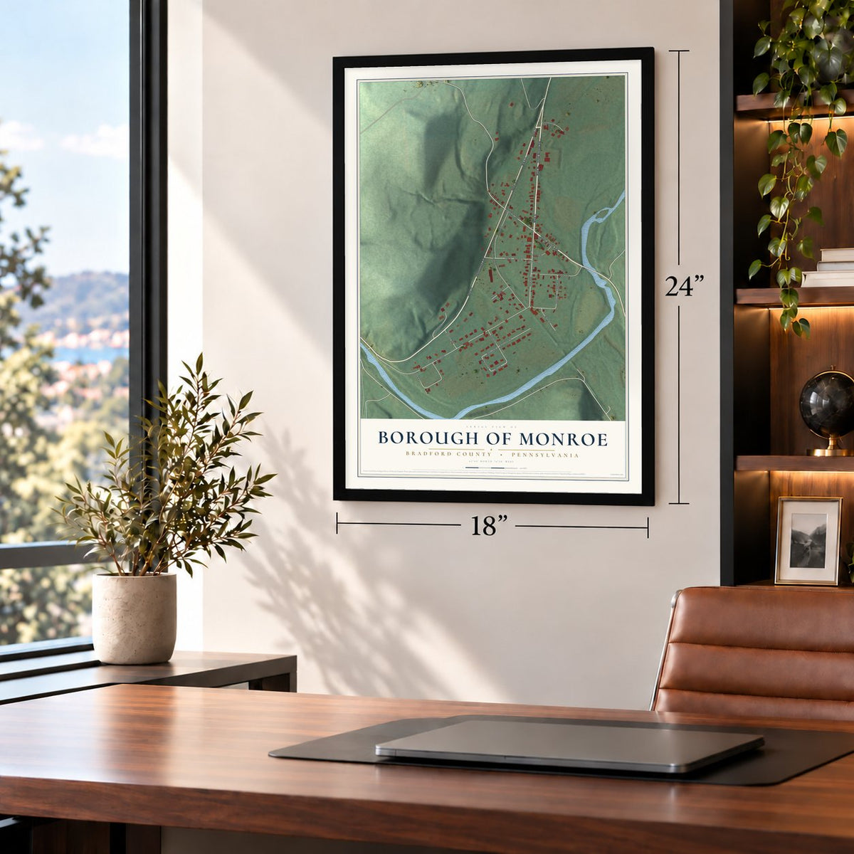 Borough of Monroe, Bradford County, Pennsylvania map, 18 x 24 inch print in a black frame in a home office