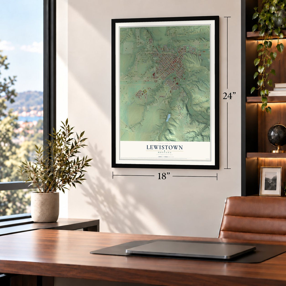 Lewistown, Montana map, 18 x 24 inch print in a black frame in a home office