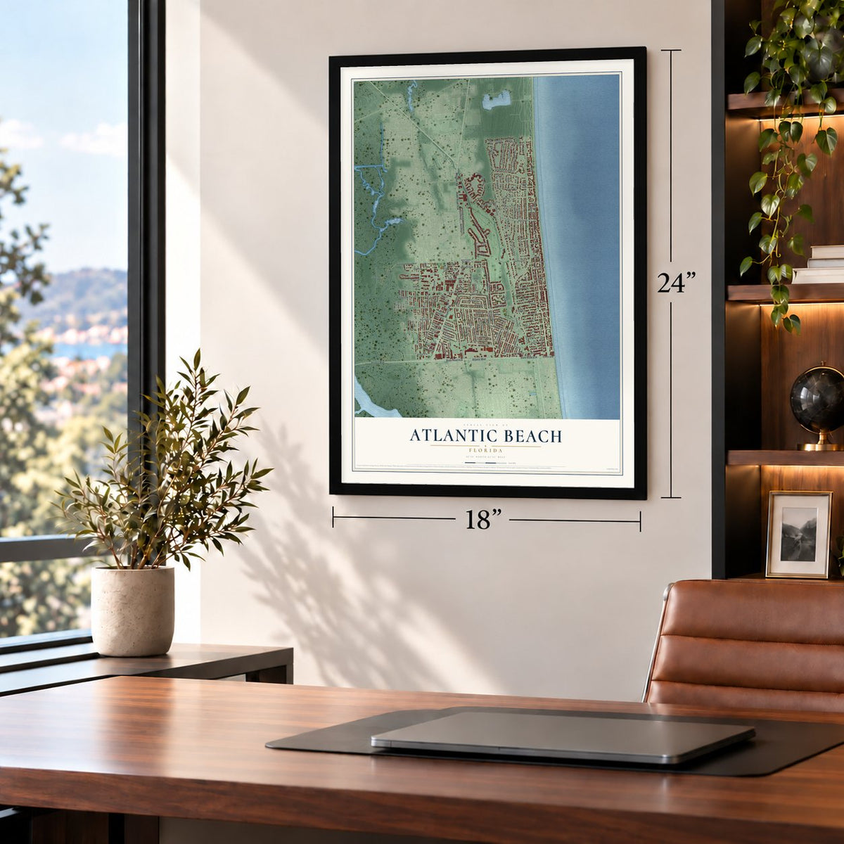 Atlantic Beach, Florida map, 18 x 24 inch print in a black frame in a home office