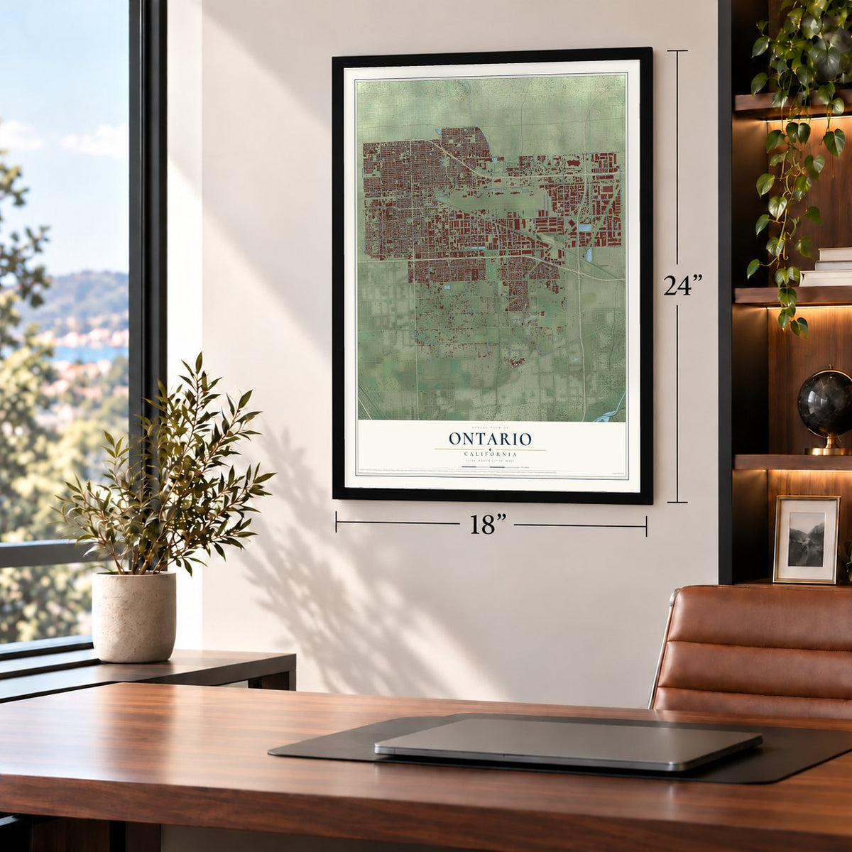 Ontario, California map, 18 x 24 inch print in a black frame in a home office
