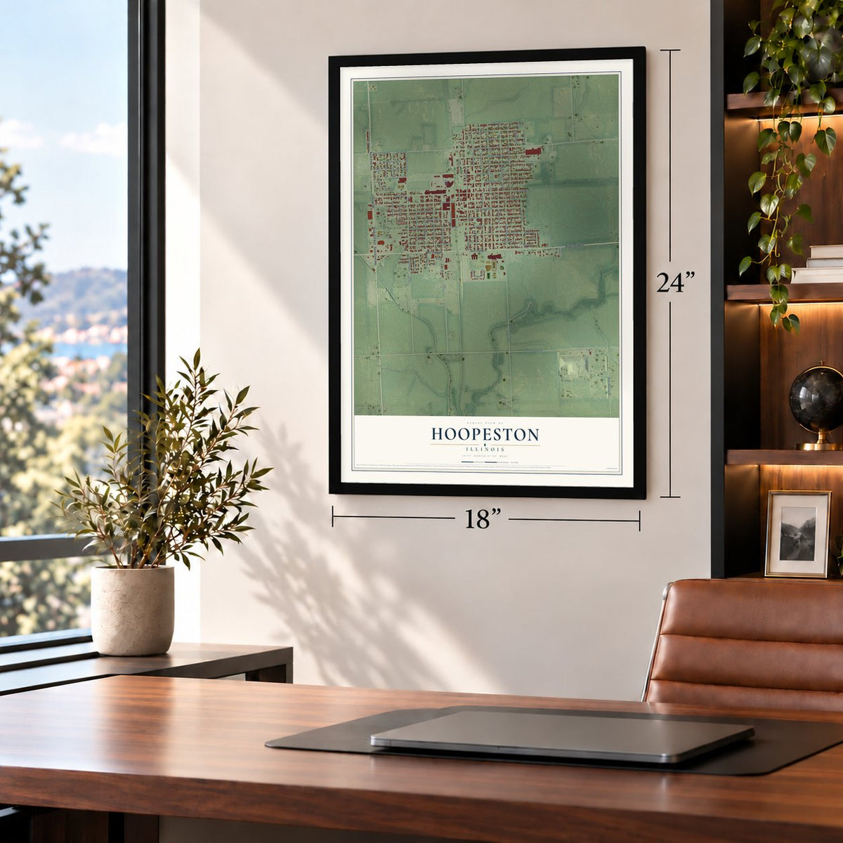 Hoopeston, Illinois map, 18 x 24 inch print in a black frame in a home office