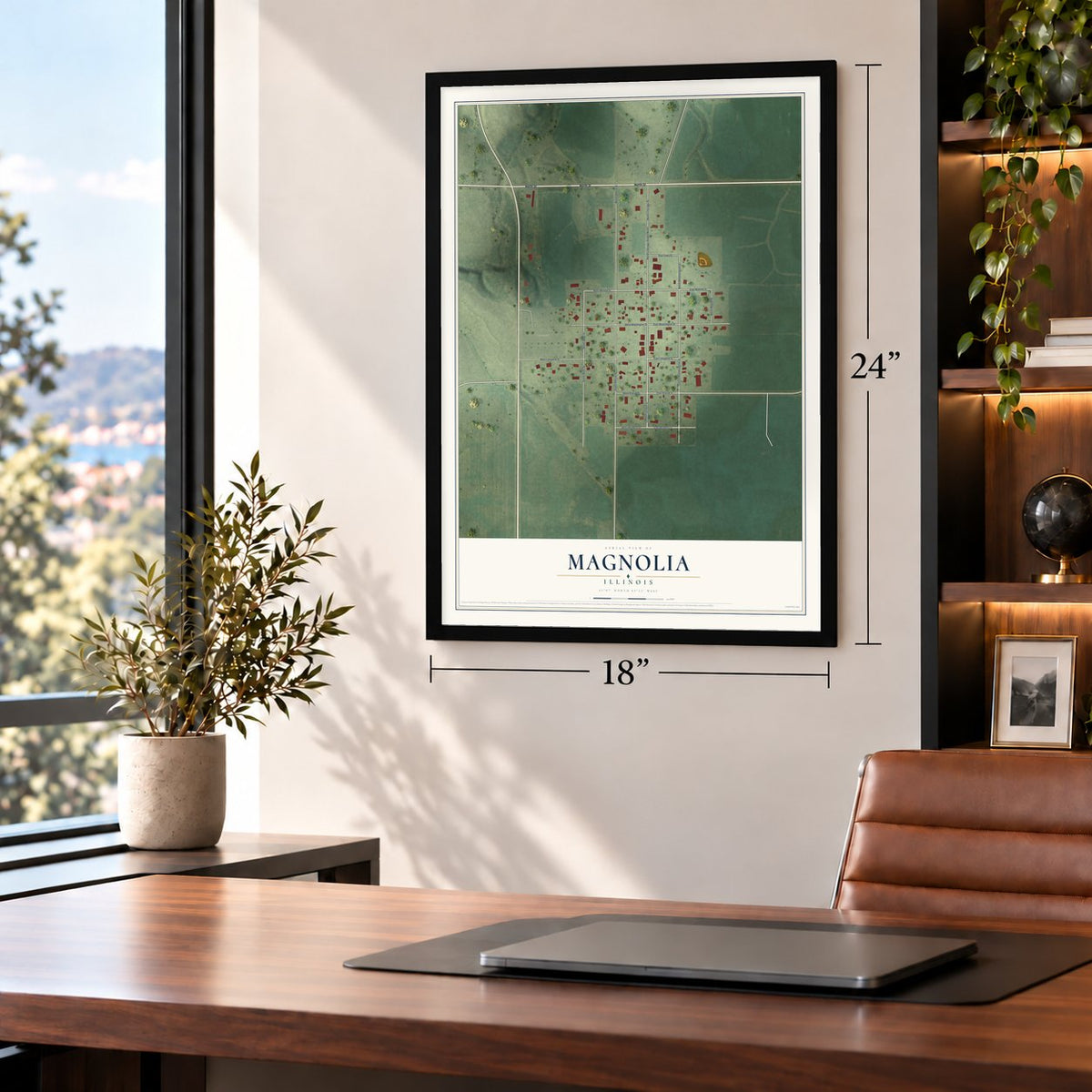 Magnolia, Illinois map, 18 x 24 inch print in a black frame in a home office