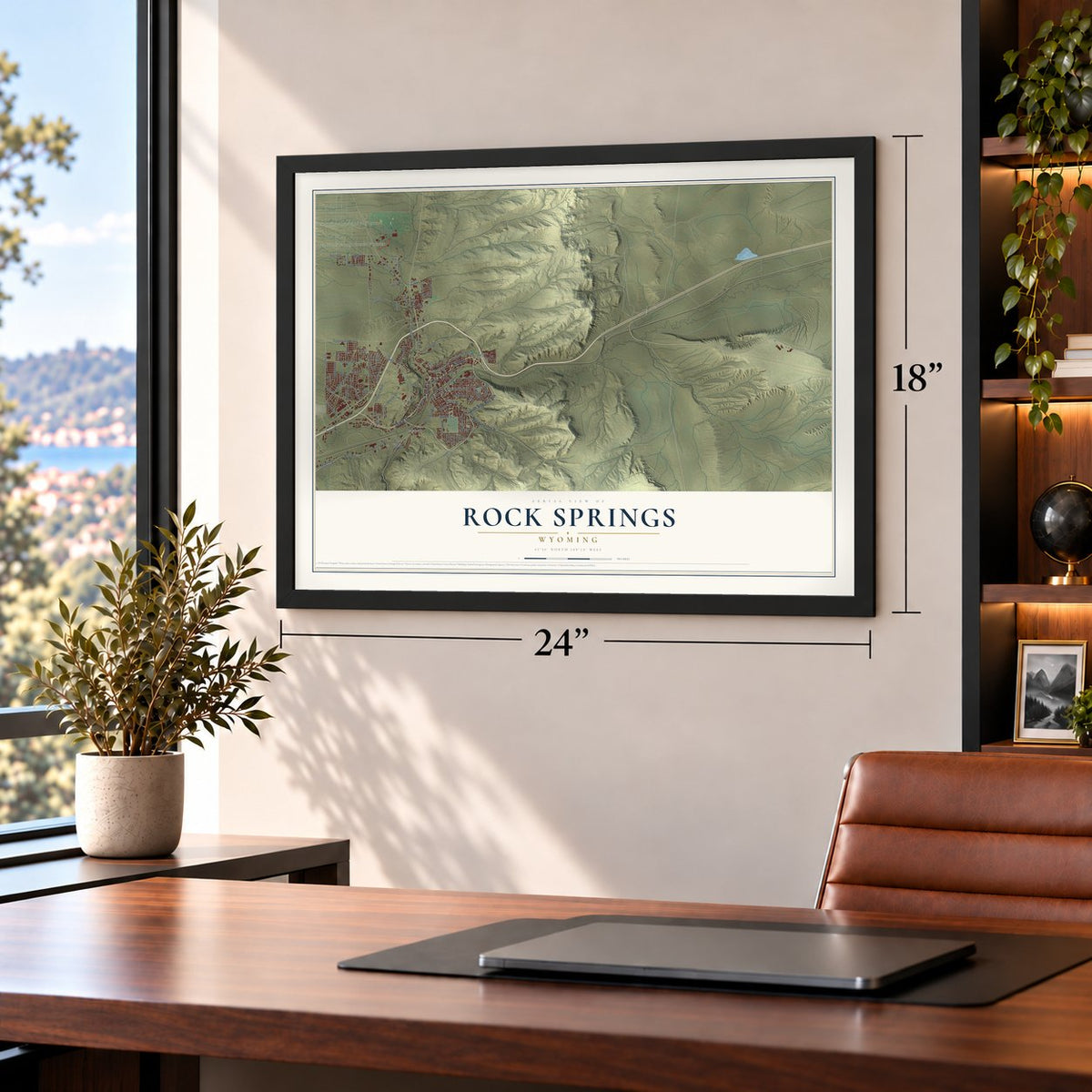Rock Springs, Wyoming map, 18 x 24 inch print in a black frame in a home office