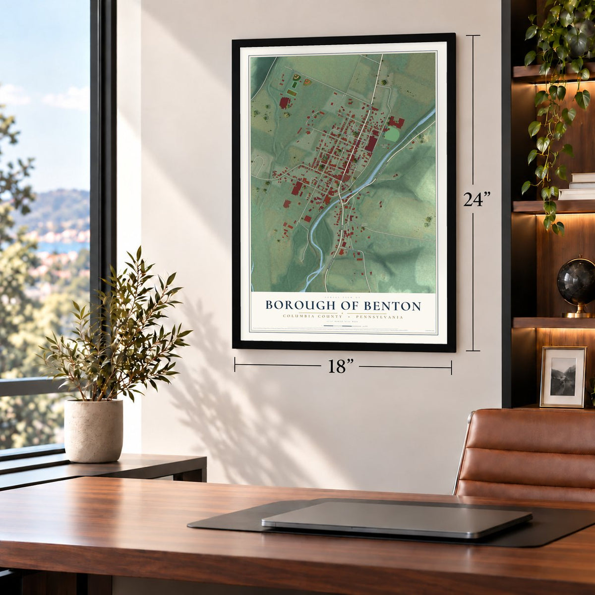 Borough of Benton, Columbia County, Pennsylvania map, 18 x 24 inch print in a black frame in a home office