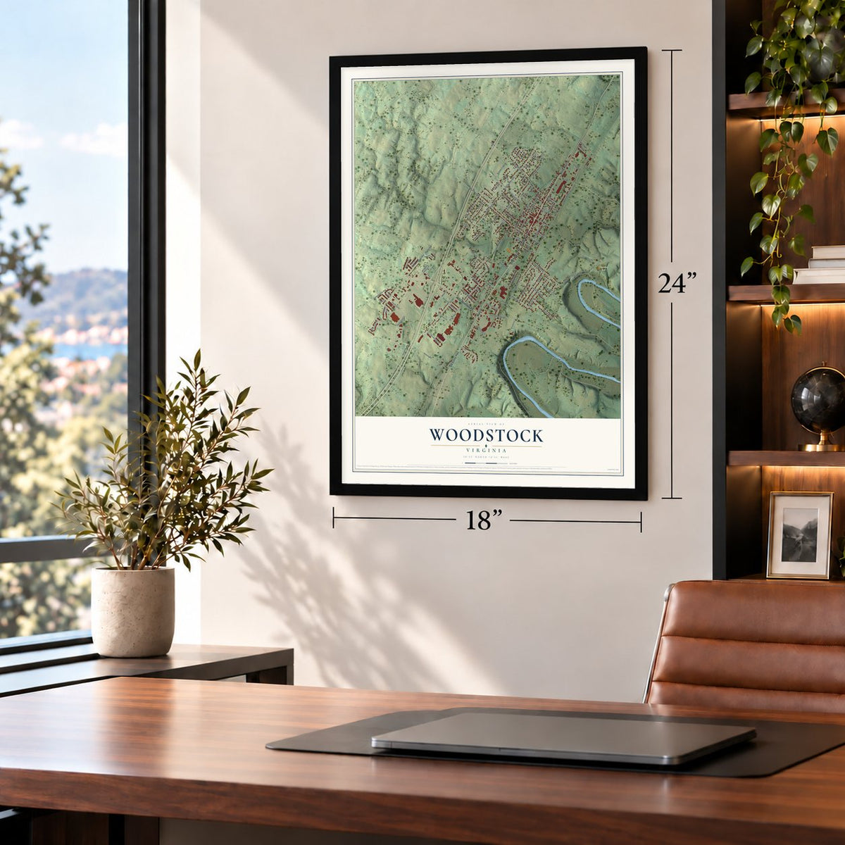 Woodstock, Virginia map, 18 x 24 inch print in a black frame in a home office