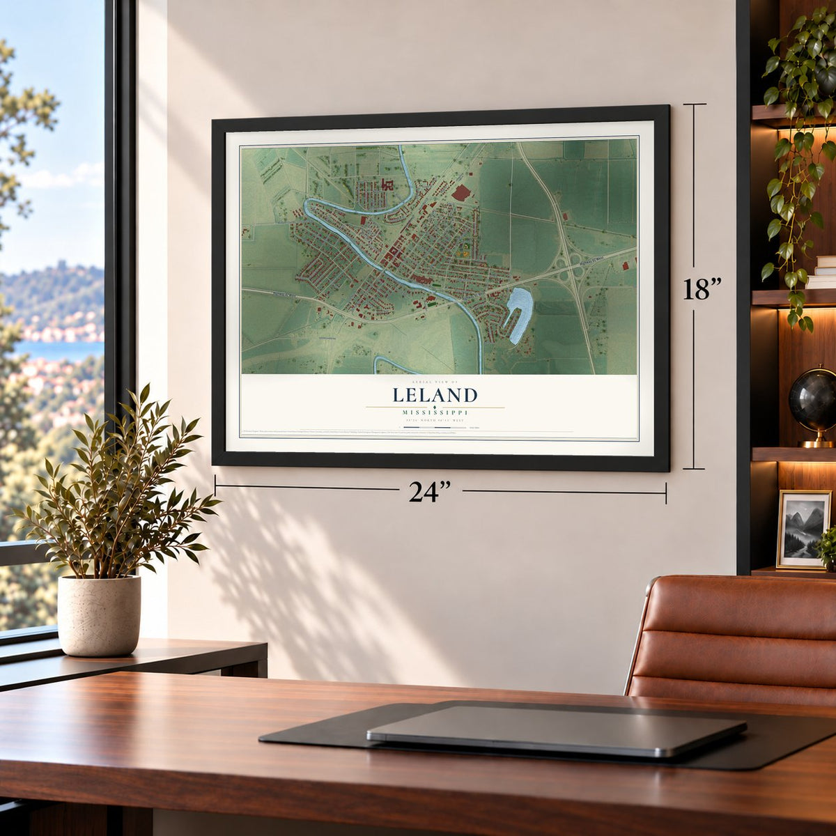 Leland, Mississippi map, 18 x 24 inch print in a black frame in a home office
