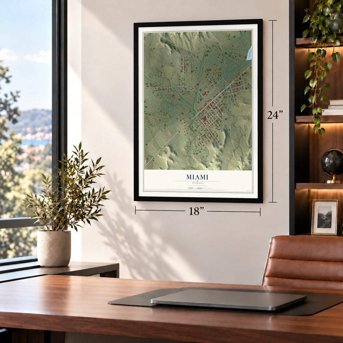 Miami, Texas map, 18 x 24 inch print in a black frame in a home office