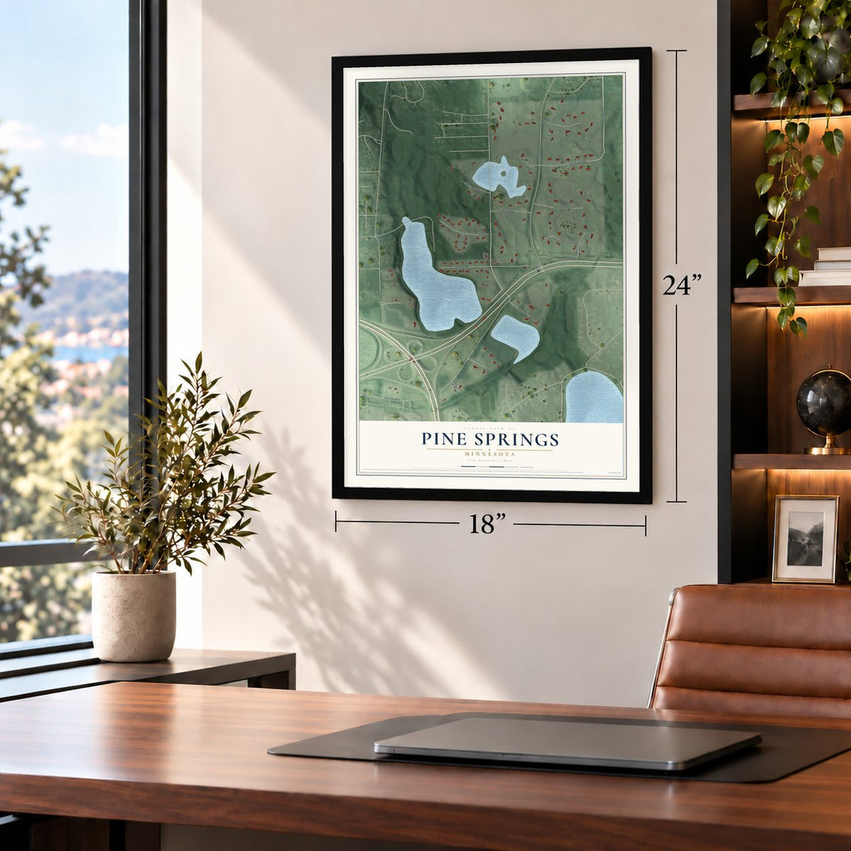 Pine Springs, Minnesota map, 18 x 24 inch print in a black frame in a home office