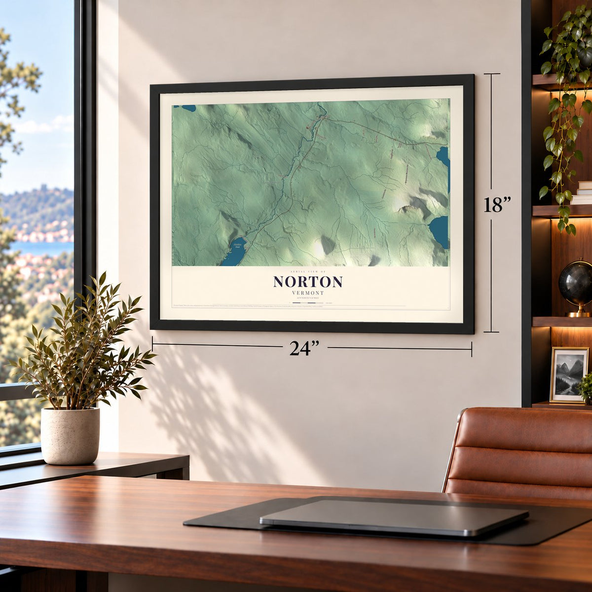 Norton, Vermont map, 18 x 24 inch print in a black frame in a home office