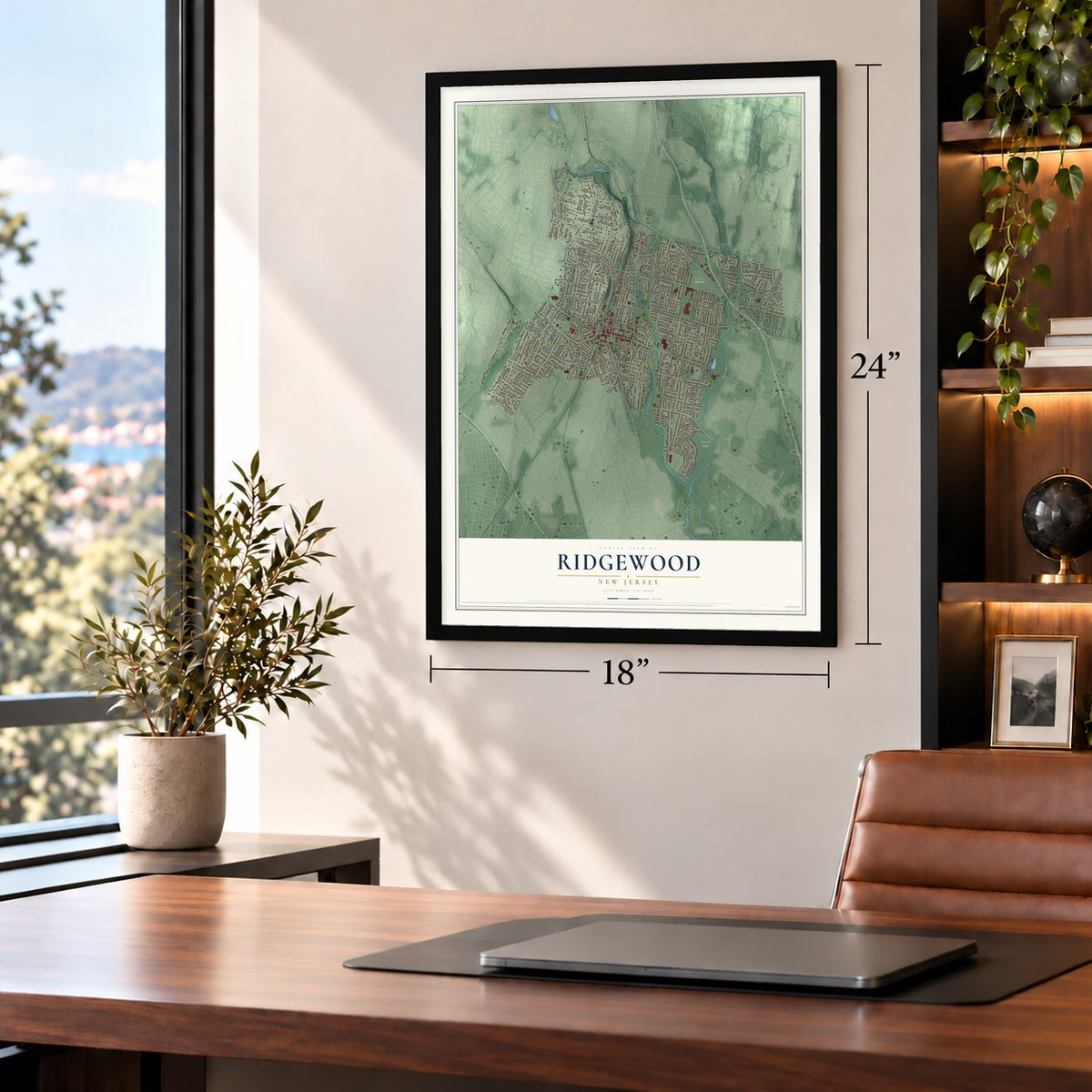 Ridgewood, New Jersey map, 18 x 24 inch print in a black frame in a home office