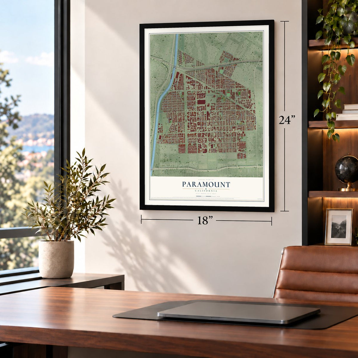 Paramount, California map, 18 x 24 inch print in a black frame in a home office