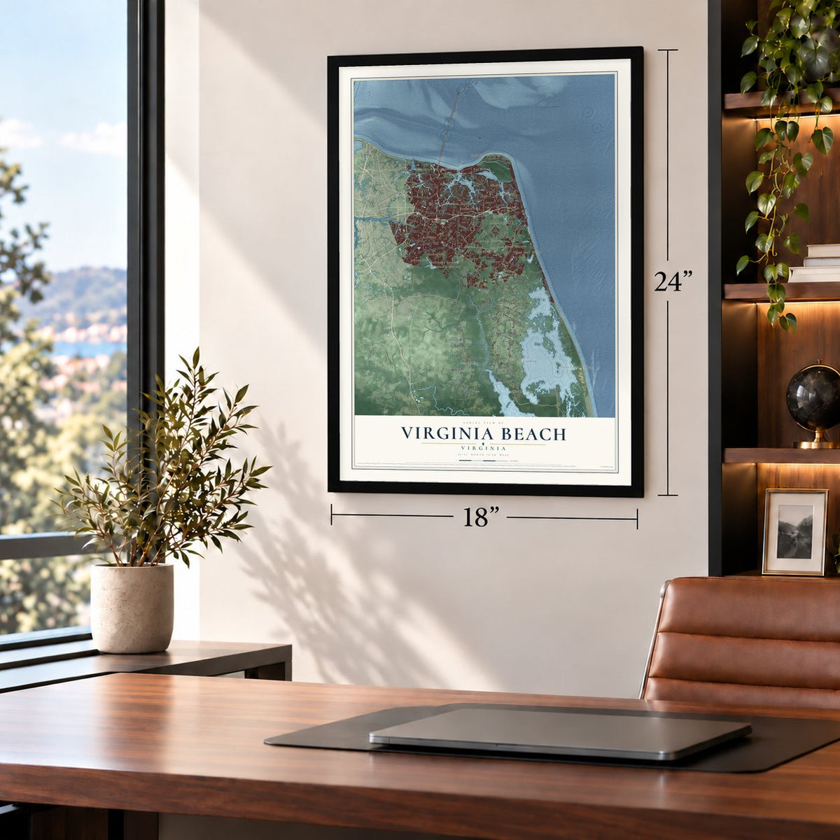 Virginia Beach, Virginia map, 18 x 24 inch print in a black frame in a home office