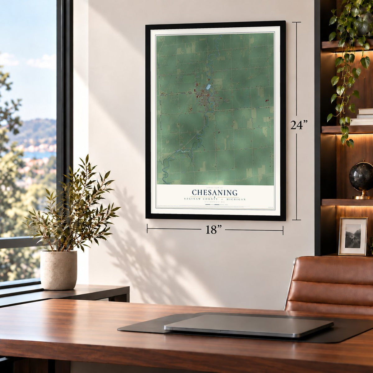 Chesaning, Saginaw County, Michigan map, 18 x 24 inch print in a black frame in a home office