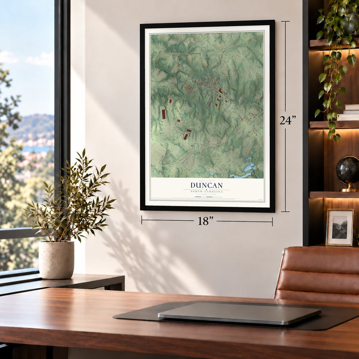 Duncan, South Carolina map, 18 x 24 inch print in a black frame in a home office