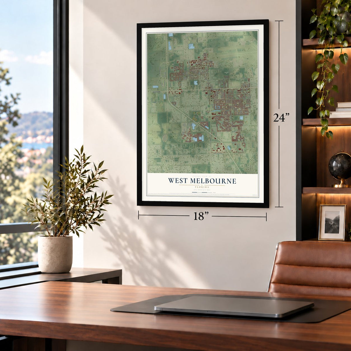 West Melbourne, Florida map, 18 x 24 inch print in a black frame in a home office