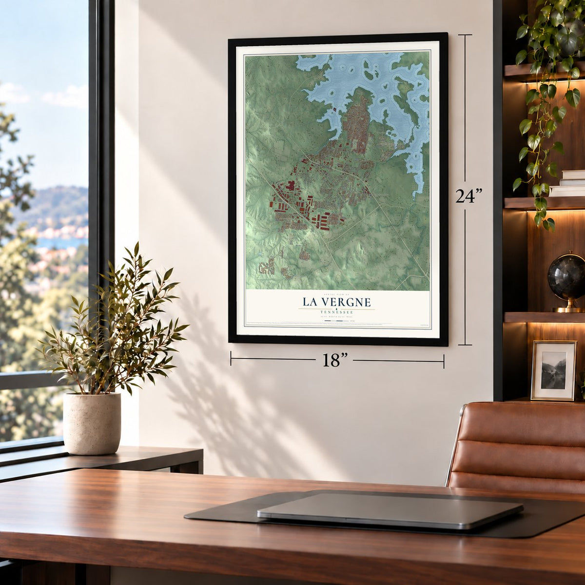 La Vergne, Tennessee map, 18 x 24 inch print in a black frame in a home office