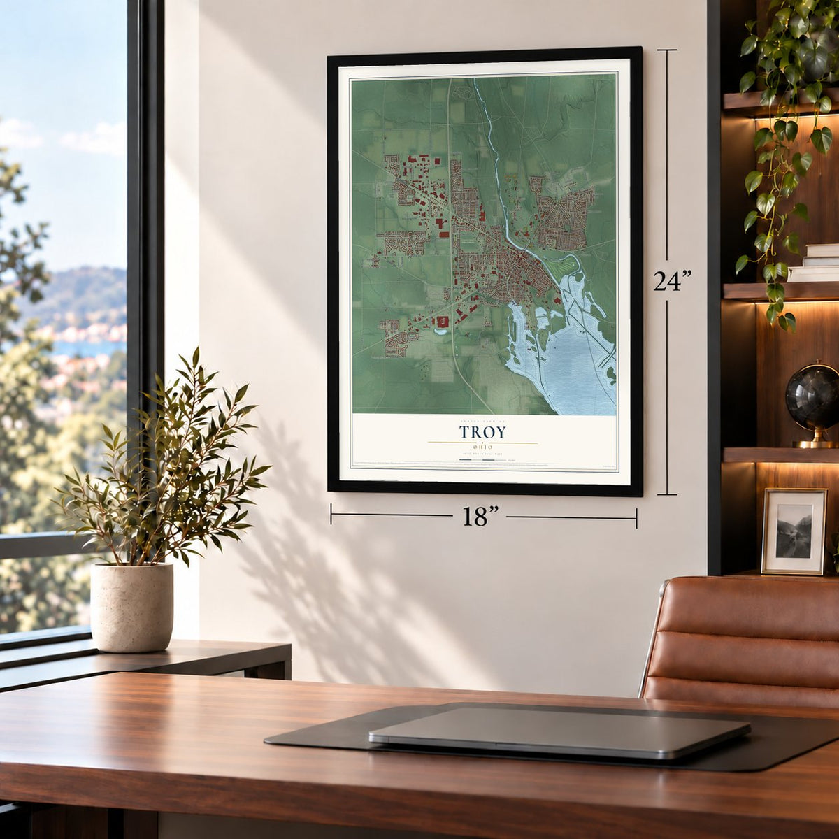 Troy, Ohio map, 18 x 24 inch print in a black frame in a home office
