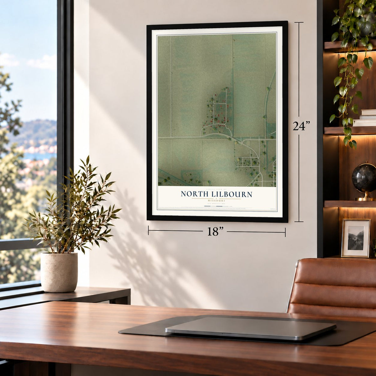 North Lilbourn, Missouri map, 18 x 24 inch print in a black frame in a home office