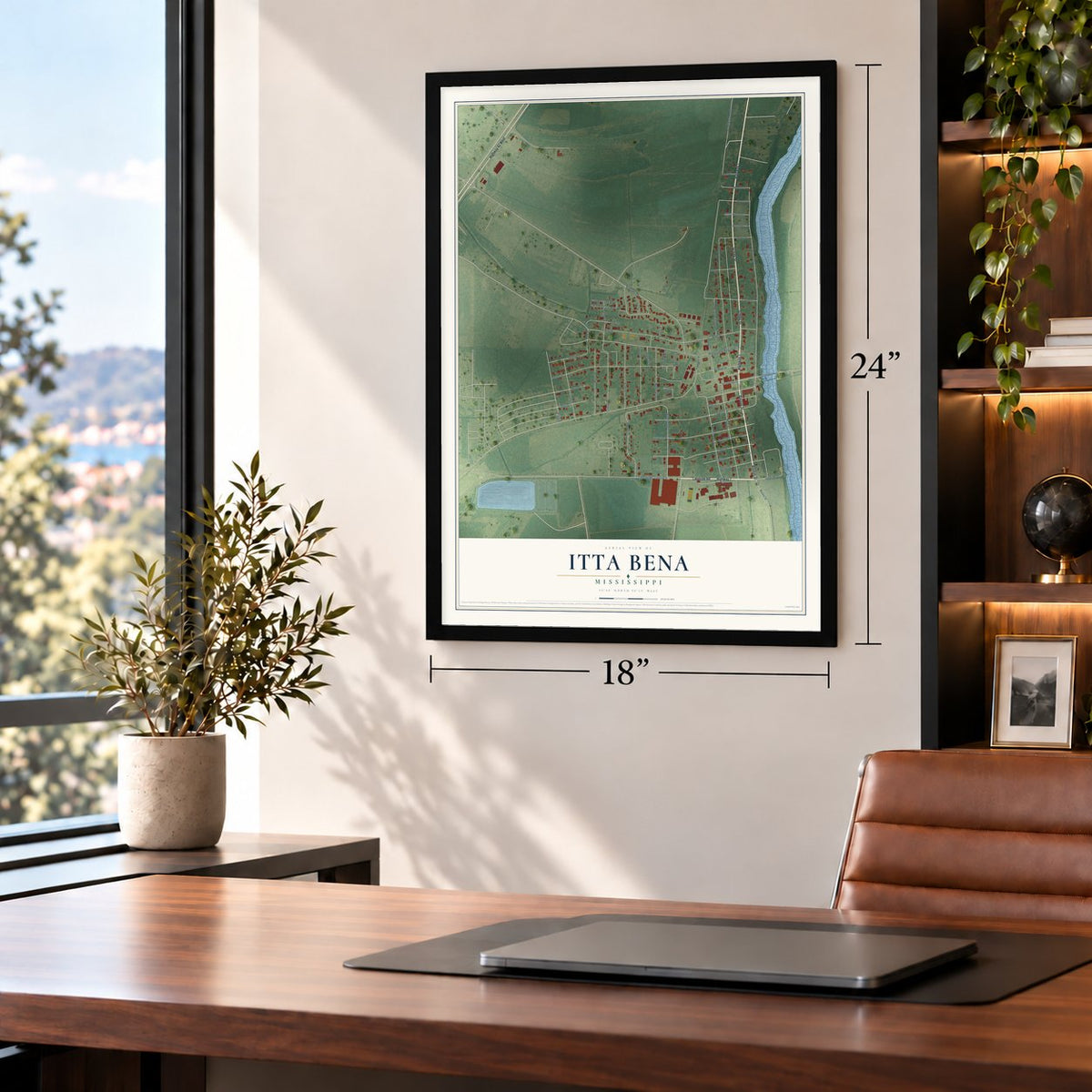 Itta Bena, Mississippi map, 18 x 24 inch print in a black frame in a home office